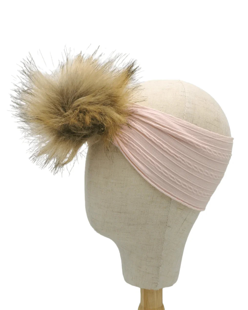Light Pink Faux Fur Pom Cable Knit Headwrap - Betty Brown Boutique Ltd