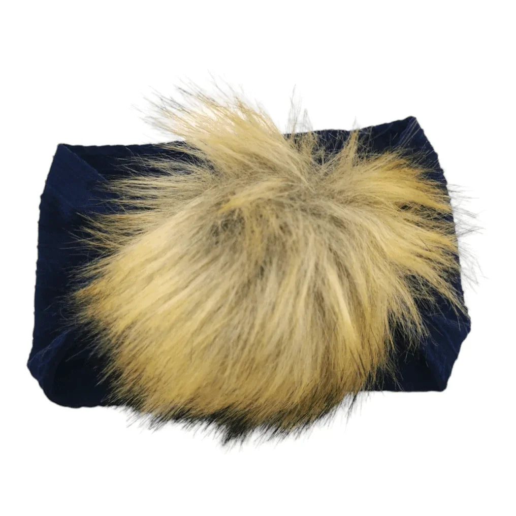 Navy Blue Faux Fur Pom Cable Knit Headwrap - Betty Brown Boutique Ltd