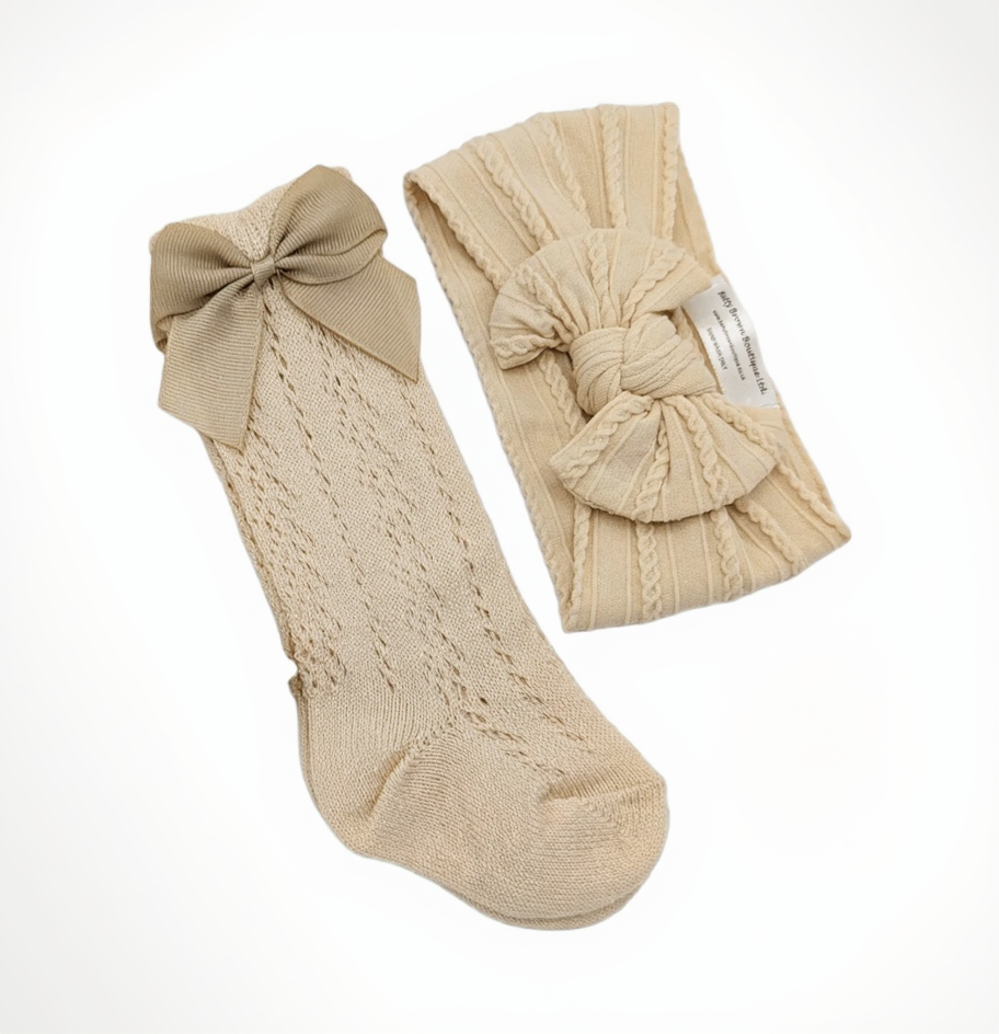 Our Latte Smaller Headwrap & Open Patterned Knee High Socks Set - Betty Brown Boutique Ltd