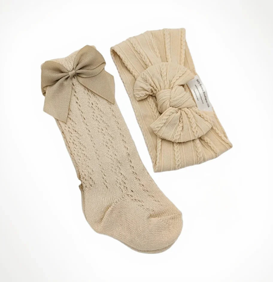 Our Latte Smaller Headwrap & Open Patterned Knee High Socks Set - Betty Brown Boutique Ltd