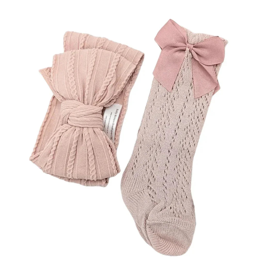 Our Primrose Pink Larger Headwrap & Open Patterned Knee High Socks Set - Betty Brown Boutique Ltd