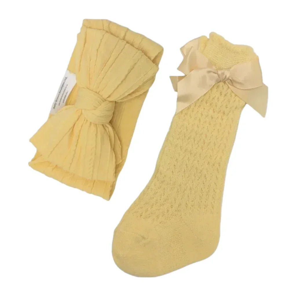Our Daffodil Yellow Larger Headwrap & Open Patterned Knee High Socks Set - Betty Brown Boutique Ltd