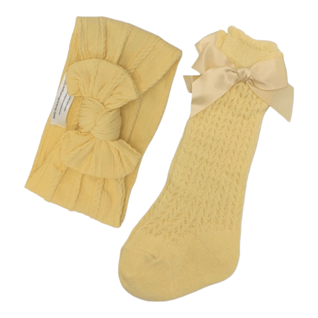 Our Daffodil Yellow Smaller Headwrap & Open Patterned Knee High Socks Set - Betty Brown Boutique Ltd