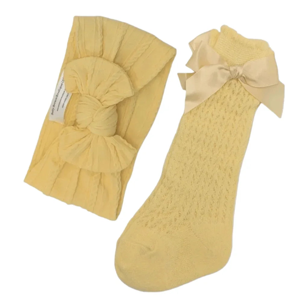 Our Daffodil Yellow Smaller Headwrap & Open Patterned Knee High Socks Set - Betty Brown Boutique Ltd