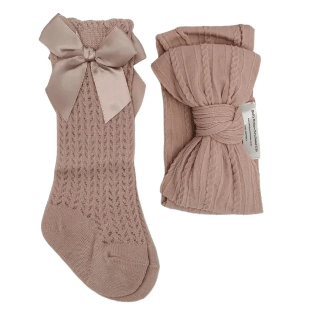 Our Primrose Pink Larger Headwrap & Open Patterned Knee High Socks Set - Betty Brown Boutique Ltd