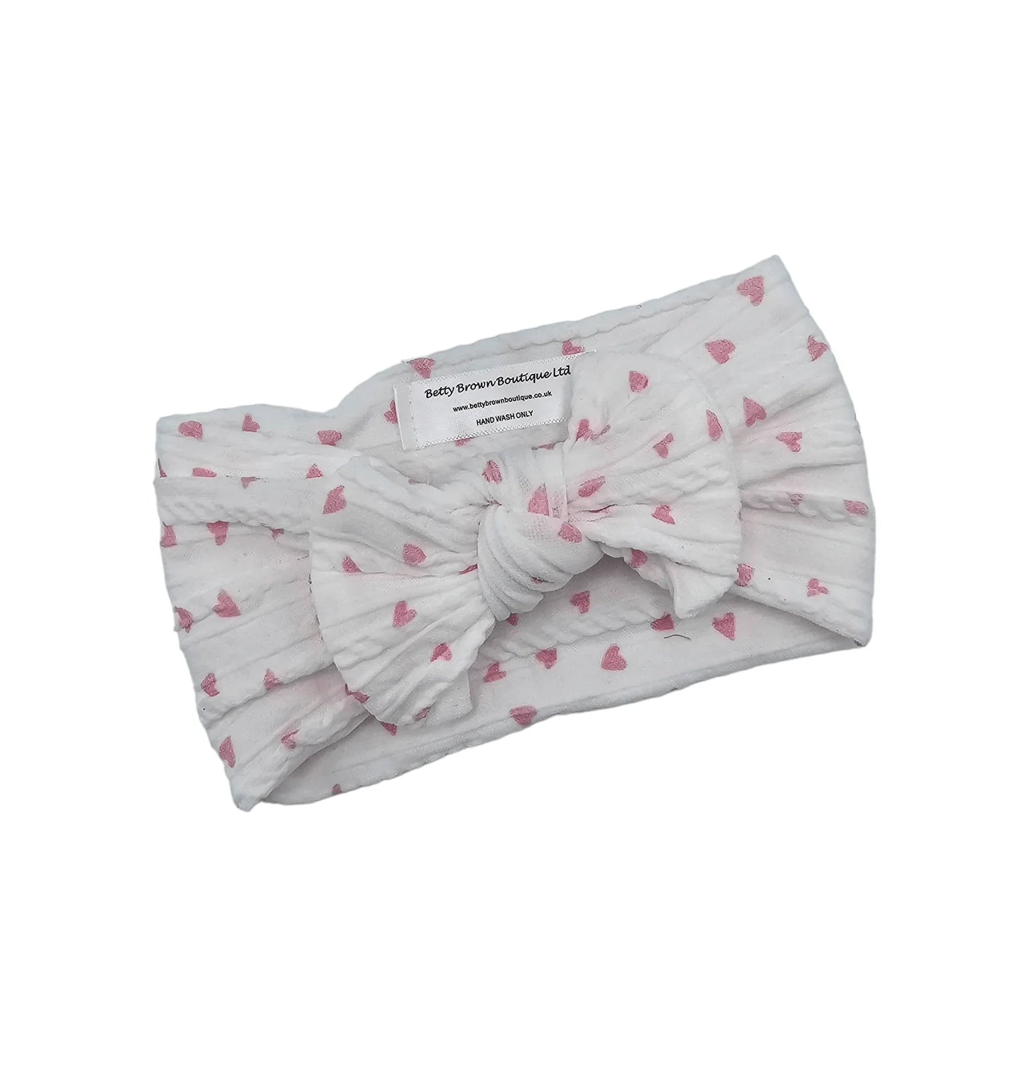 Pink and White Heart Smaller Bow Cable Knit Headwrap - Valentines Collection - Betty Brown Boutique Ltd