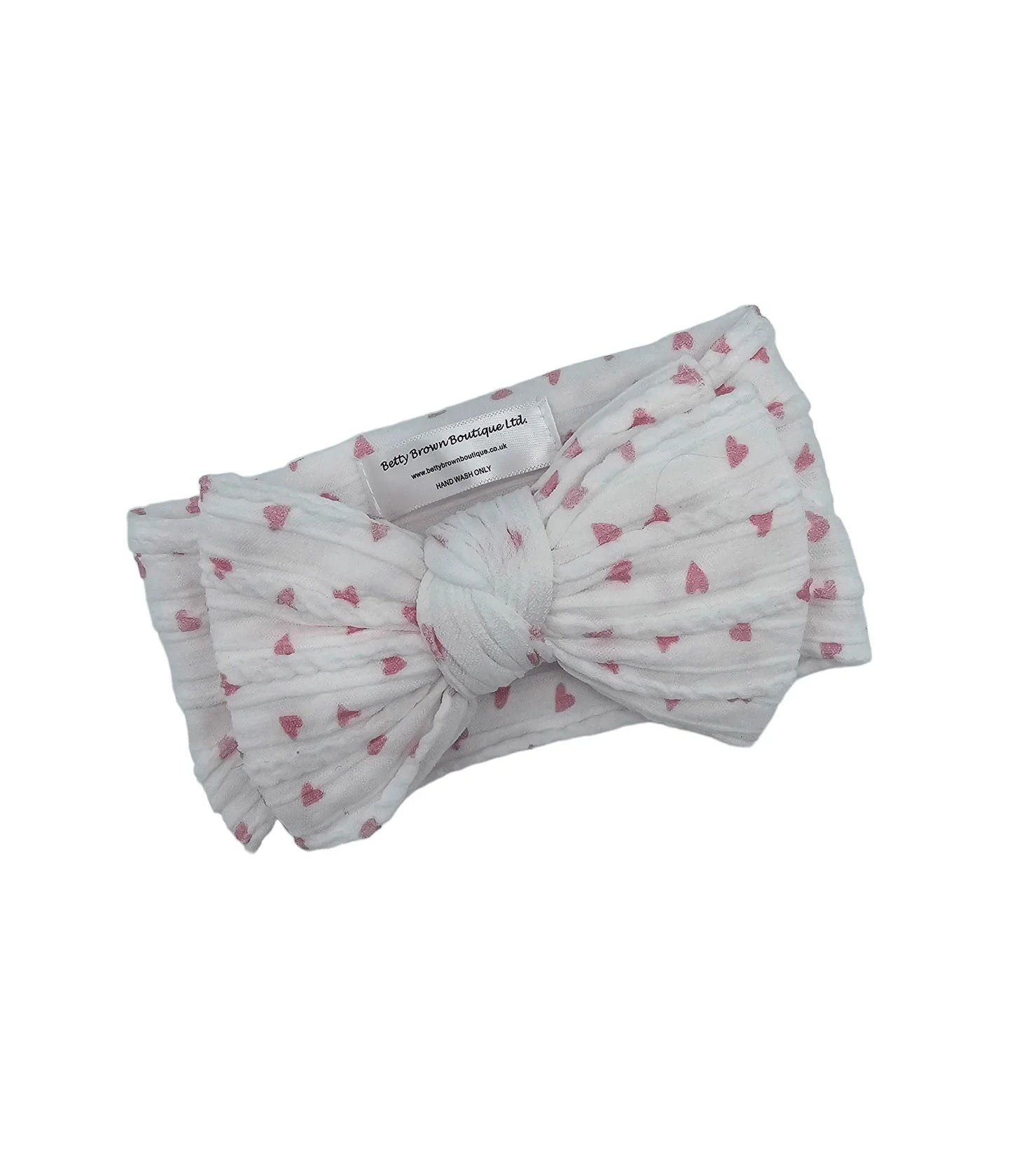 Pink and White Hearts Larger Bow Cable Knit Headwrap - Valentines Collection - Betty Brown Boutique Ltd