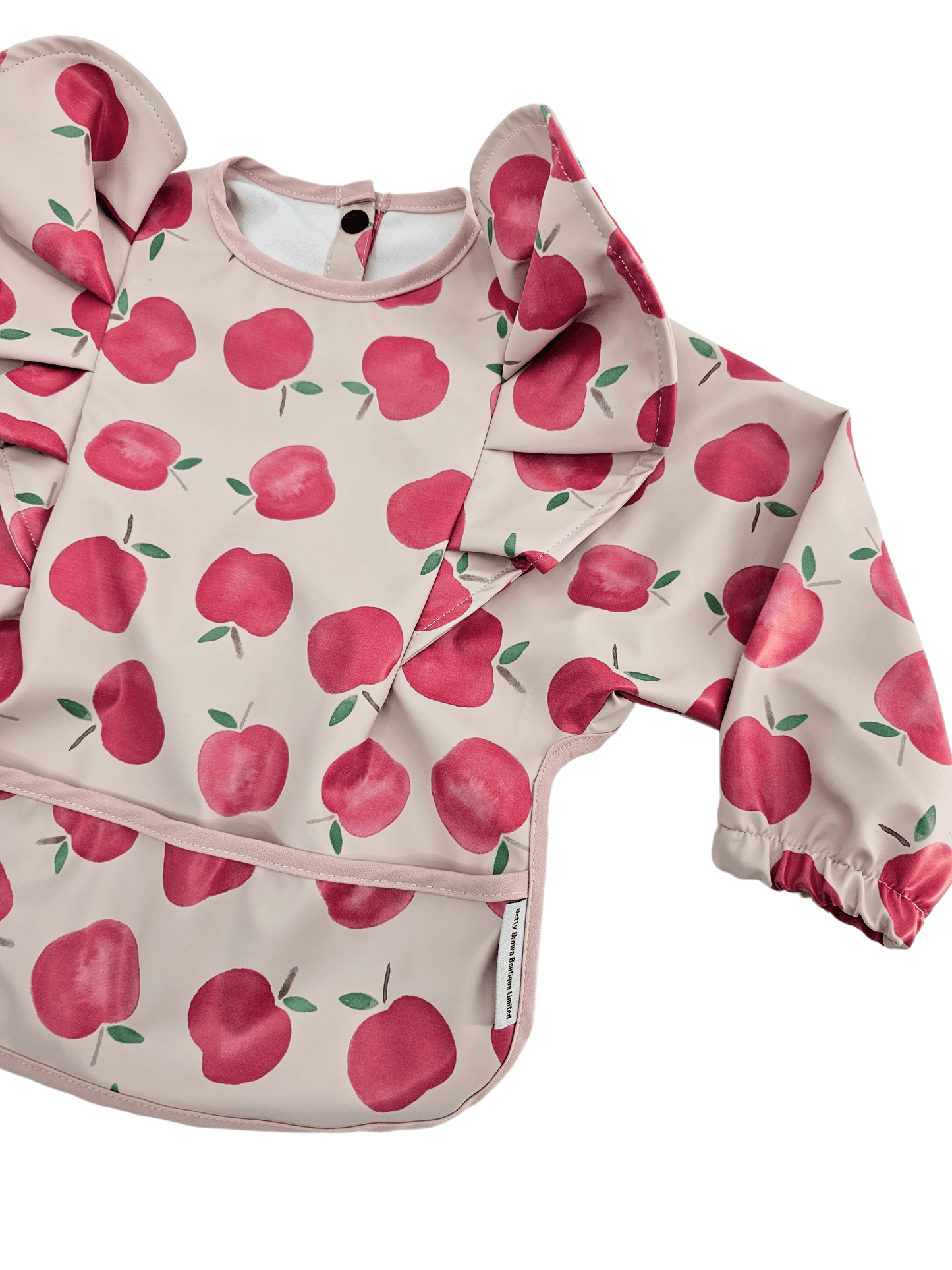 Apple Print Frill Detailed Waterproof Bib with Sleeves - Betty Brown Boutique Ltd