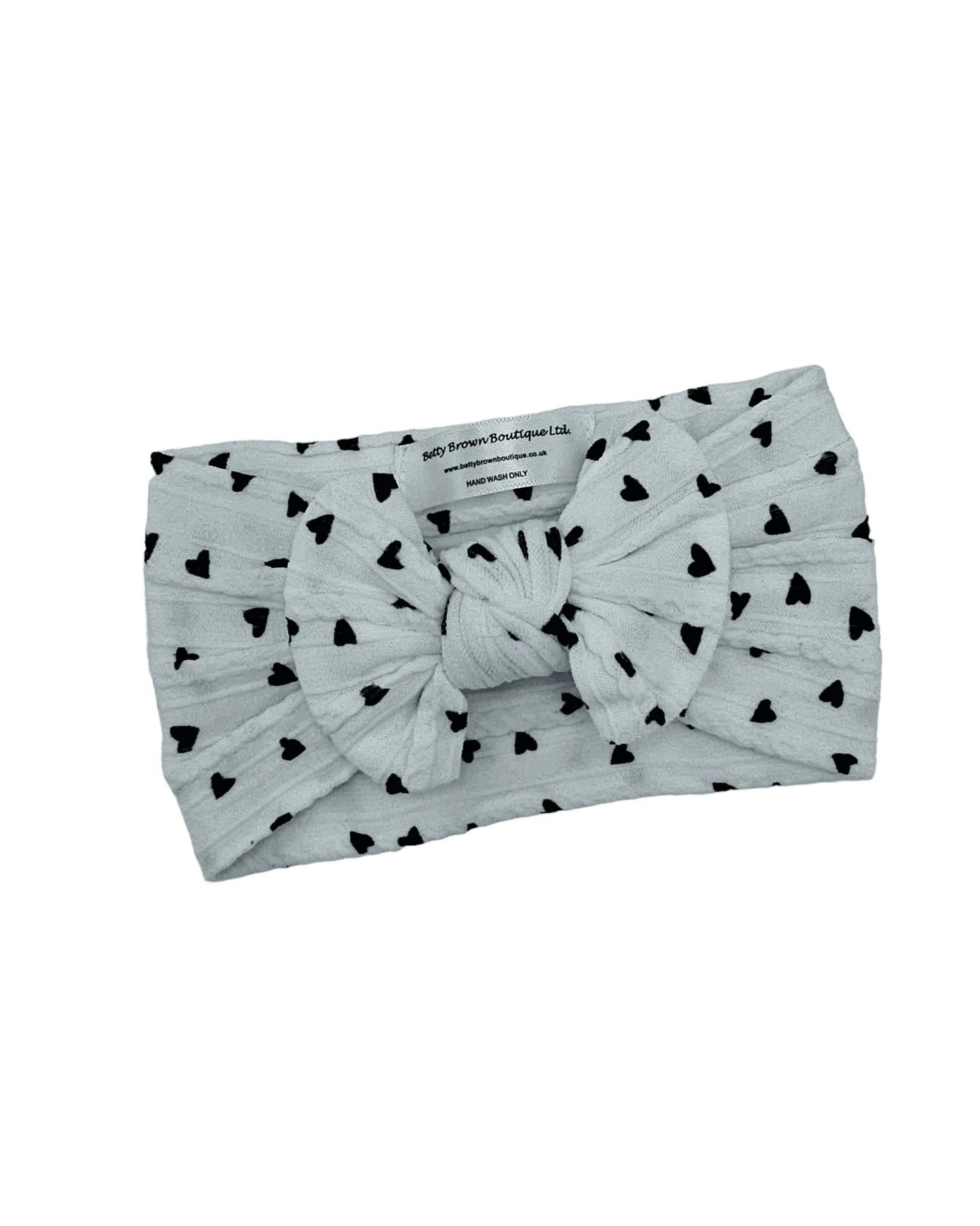 Black and White Hearts Smaller Bow Cable Knit Headwrap - Valentines Collection - Betty Brown Boutique Ltd