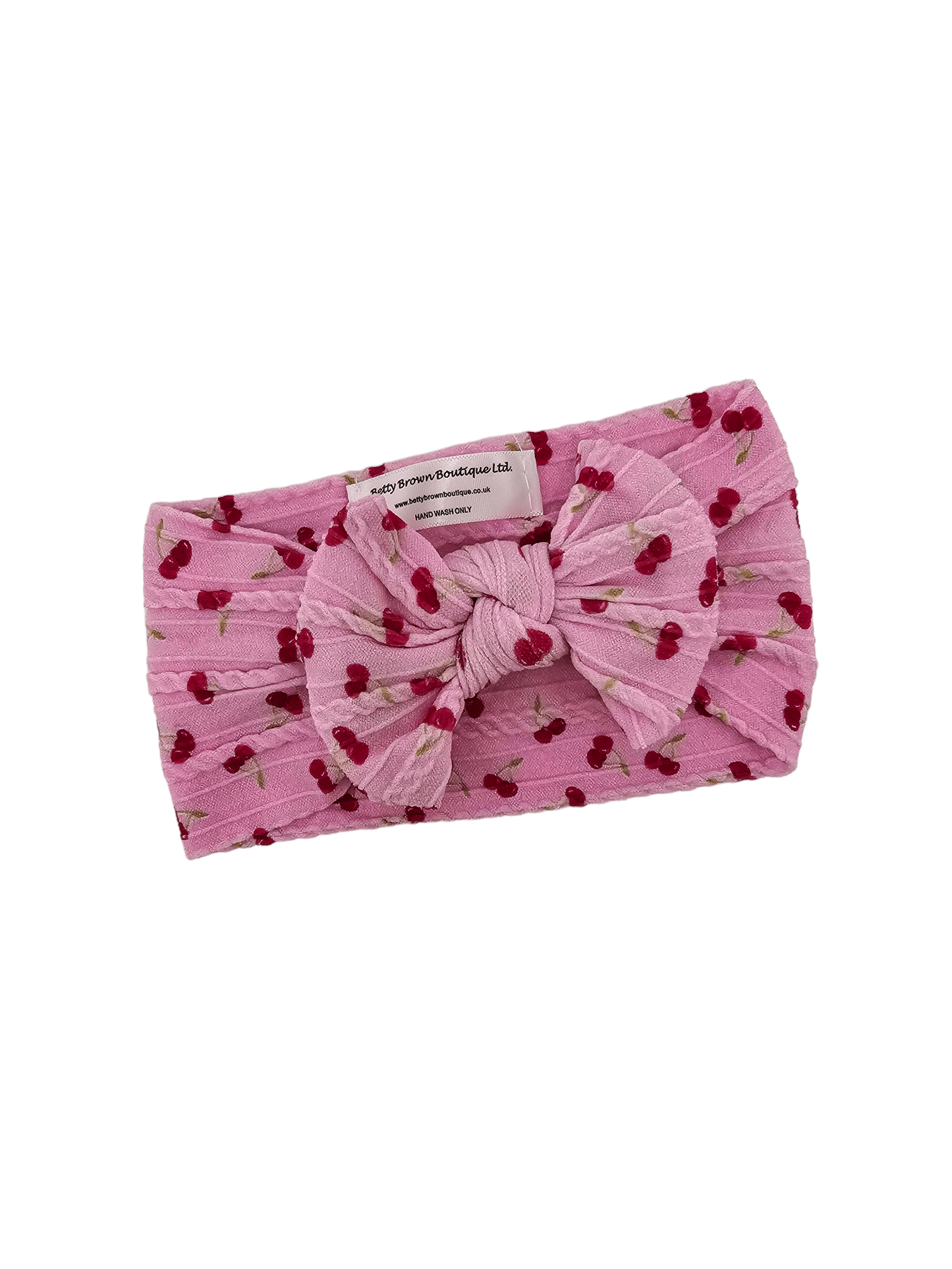 Pink Cherry Print Smaller Bow Cable Knit Headwrap - Betty Brown Boutique Ltd