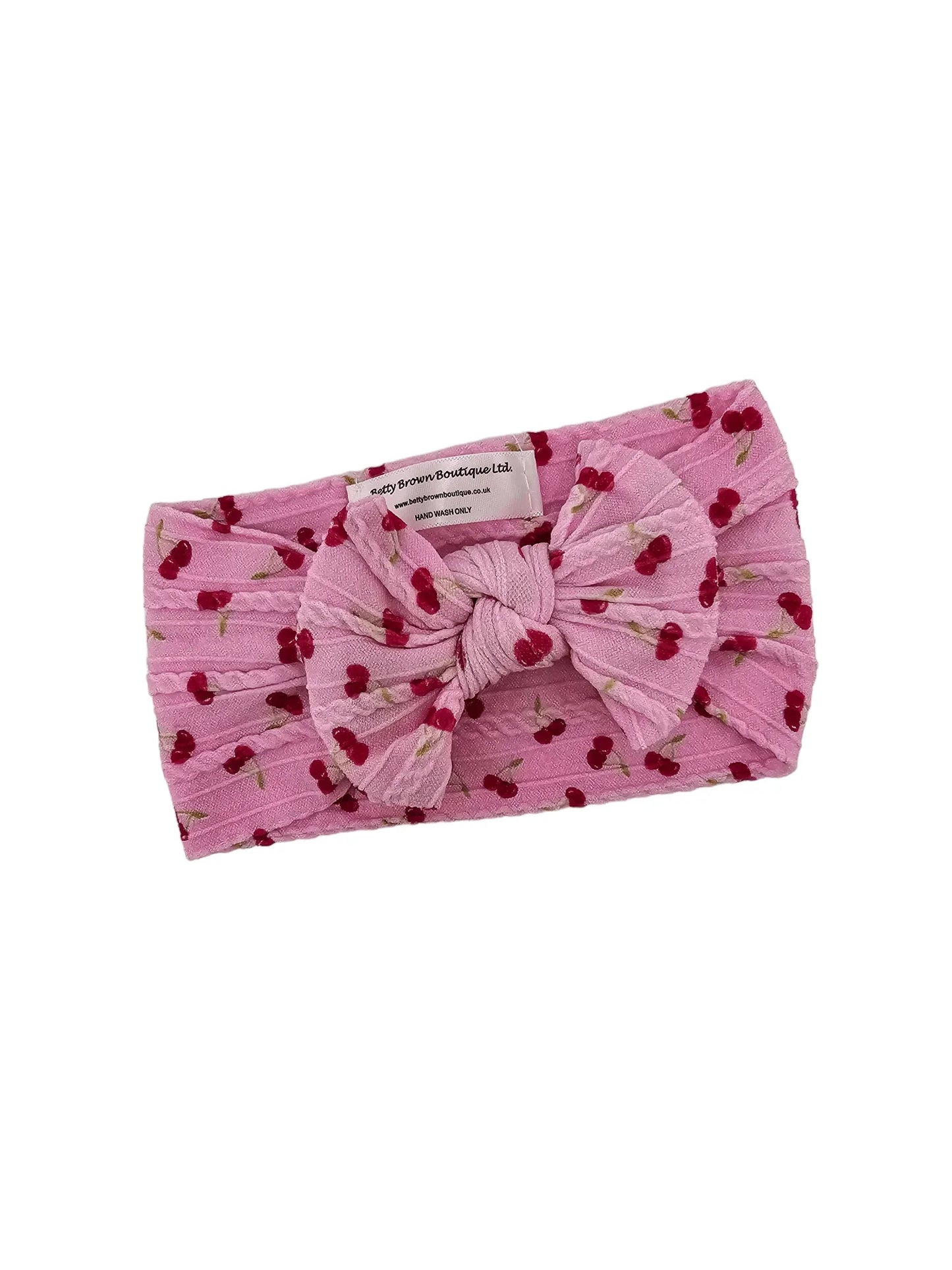 Pink Cherry Print Smaller Bow Cable Knit Headwrap - Betty Brown Boutique Ltd