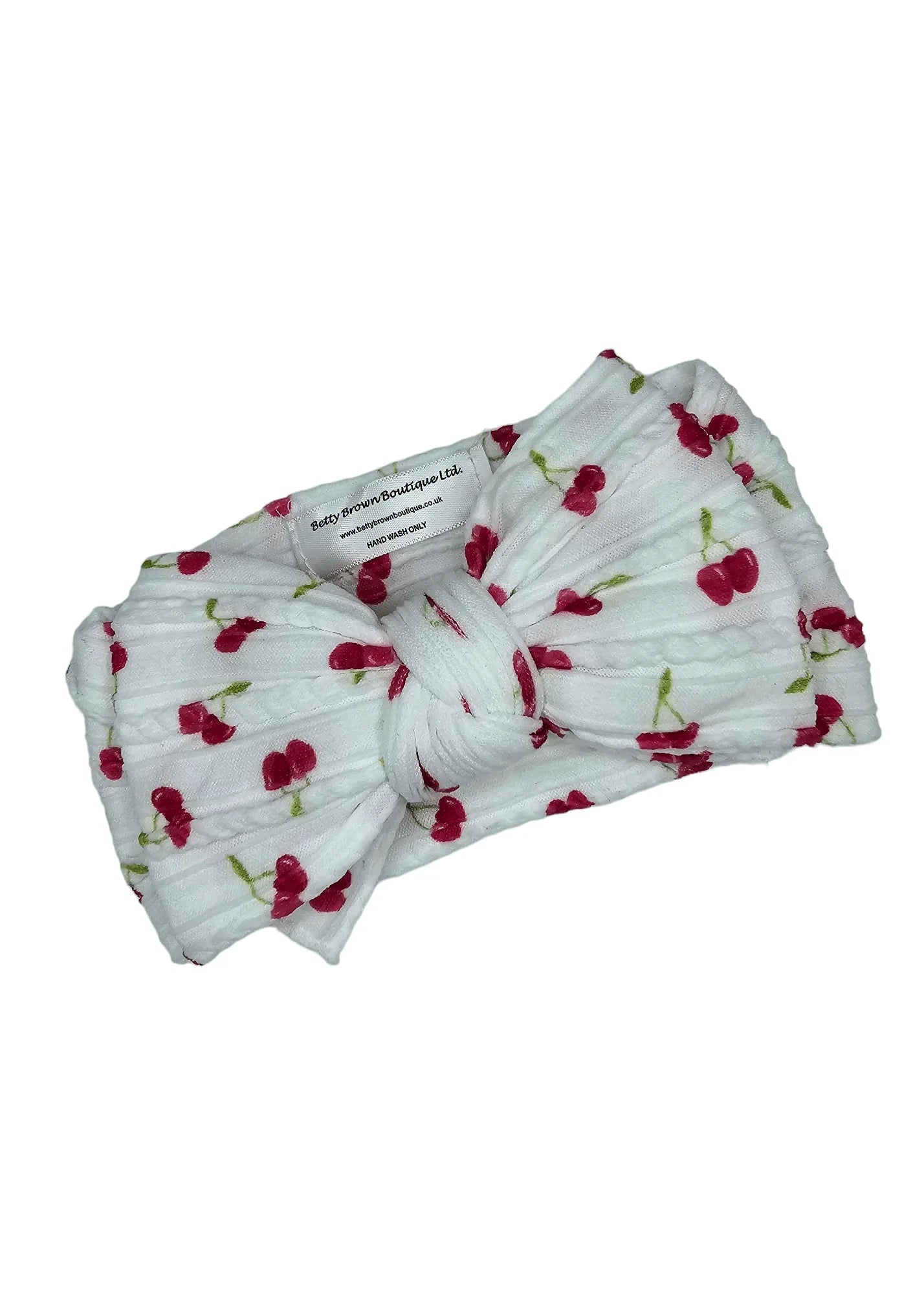 White Cherry Print Larger Bow Cable Knit Headwrap - Betty Brown Boutique Ltd