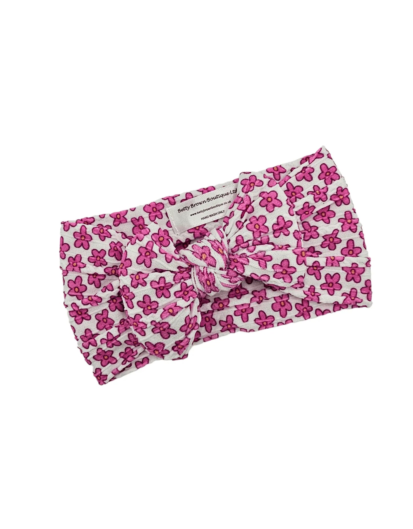 Pink and White Daisy Print Smaller Bow Cable Knit Headwrap - Betty Brown Boutique Ltd