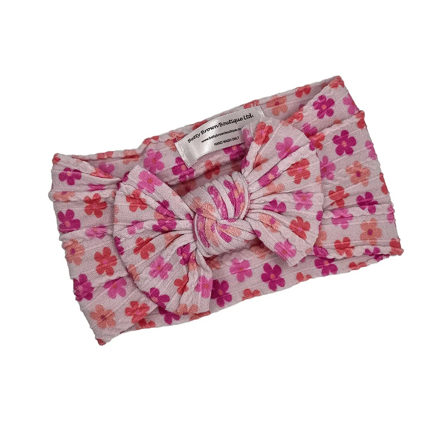 Pink Daisy Print Smaller Bow Cable Knit Headwrap - Betty Brown Boutique Ltd