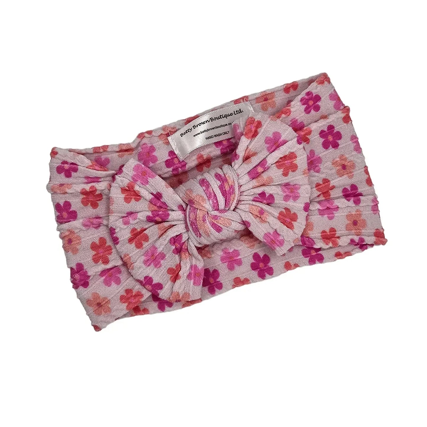Pink Daisy Print Smaller Bow Cable Knit Headwrap - Betty Brown Boutique Ltd