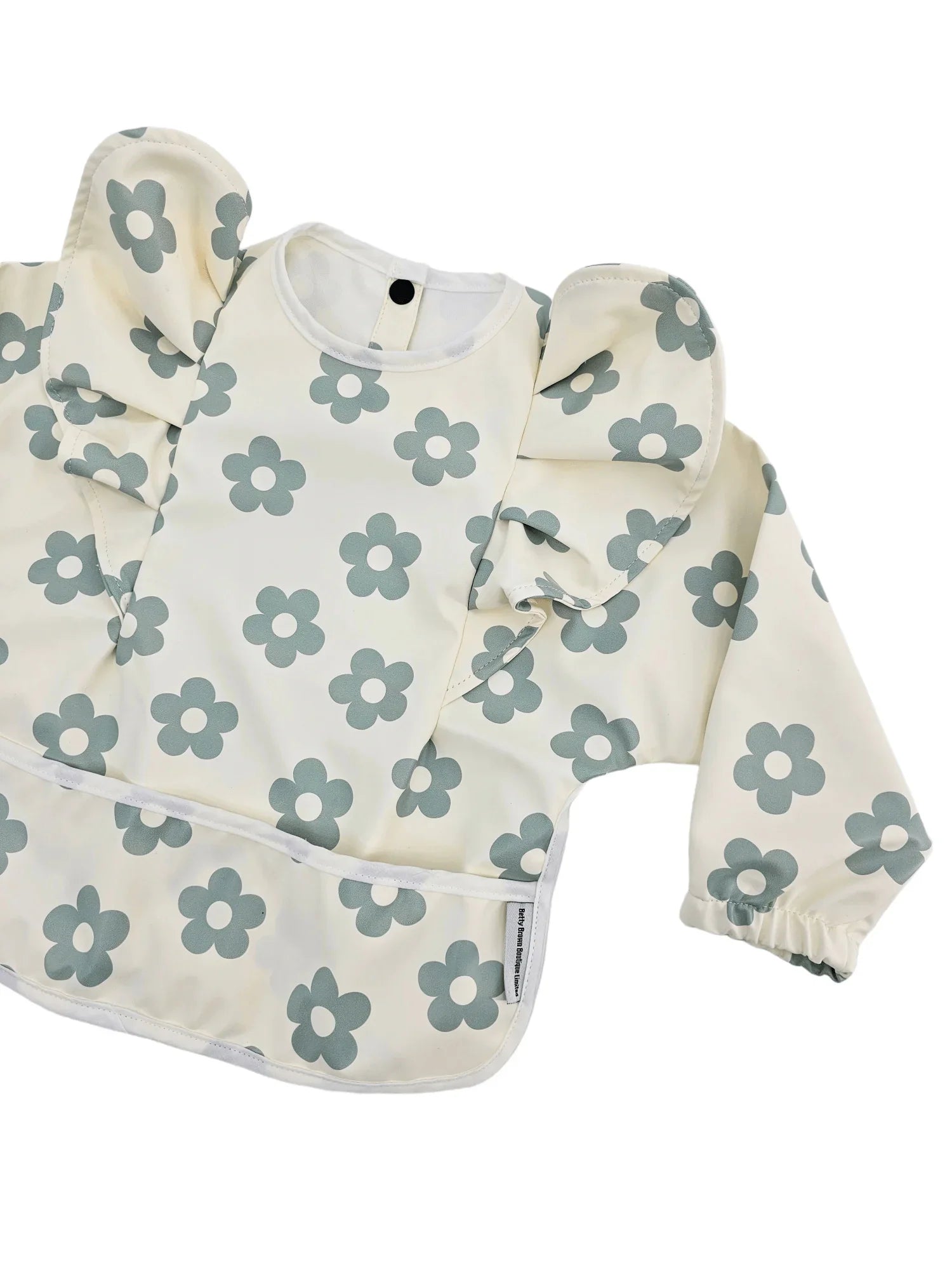 Cream and Sage Daisy Print Frill Detailed Waterproof Bib with Sleeves - Betty Brown Boutique Ltd