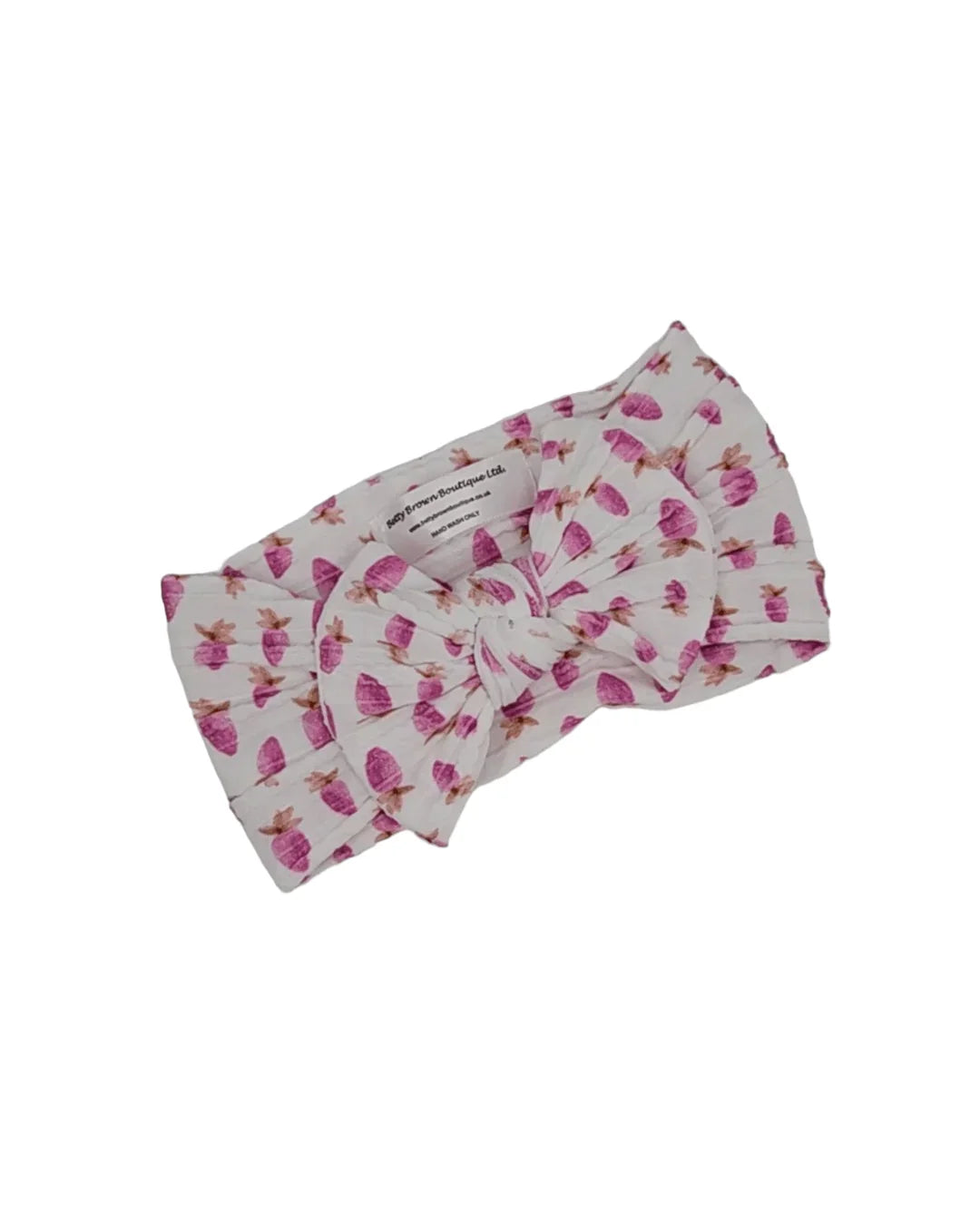 Pink Watercolour Strawberry Print Smaller Bow Cable Knit Headwrap - Betty Brown Boutique Ltd
