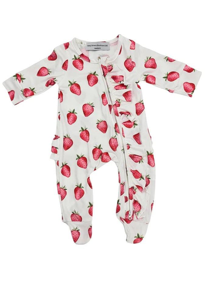 White Strawberry Frill Detailed Sleepsuit + 3.5 inch White Strawberry Bow Headband set - Betty Brown Boutique Ltd