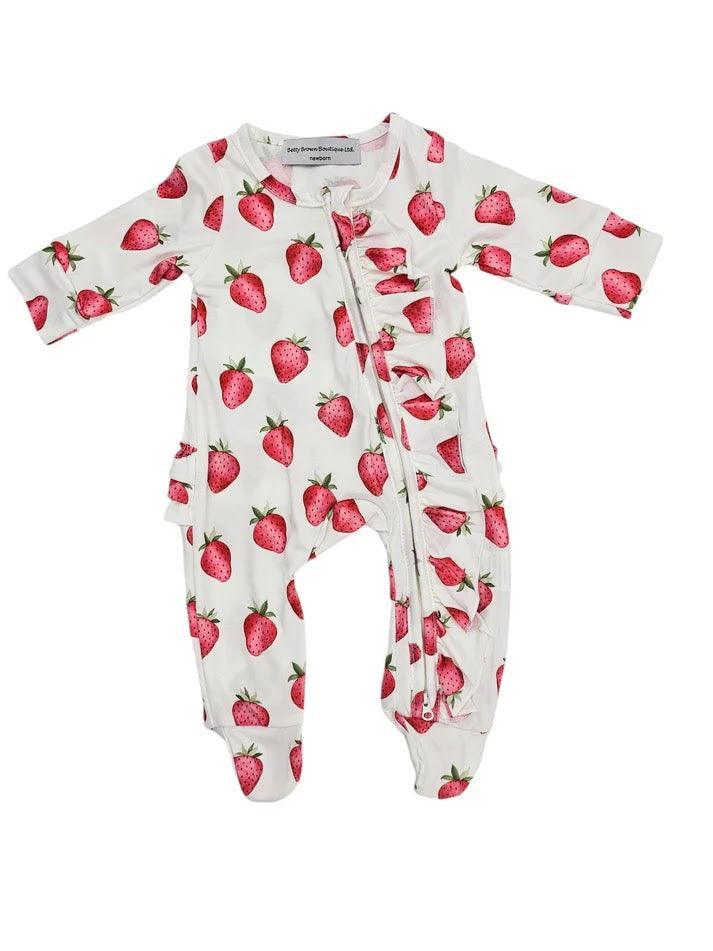 White Strawberry Frill Detailed Sleepsuit + 3.5 inch White Strawberry Bow Headband set - Betty Brown Boutique Ltd