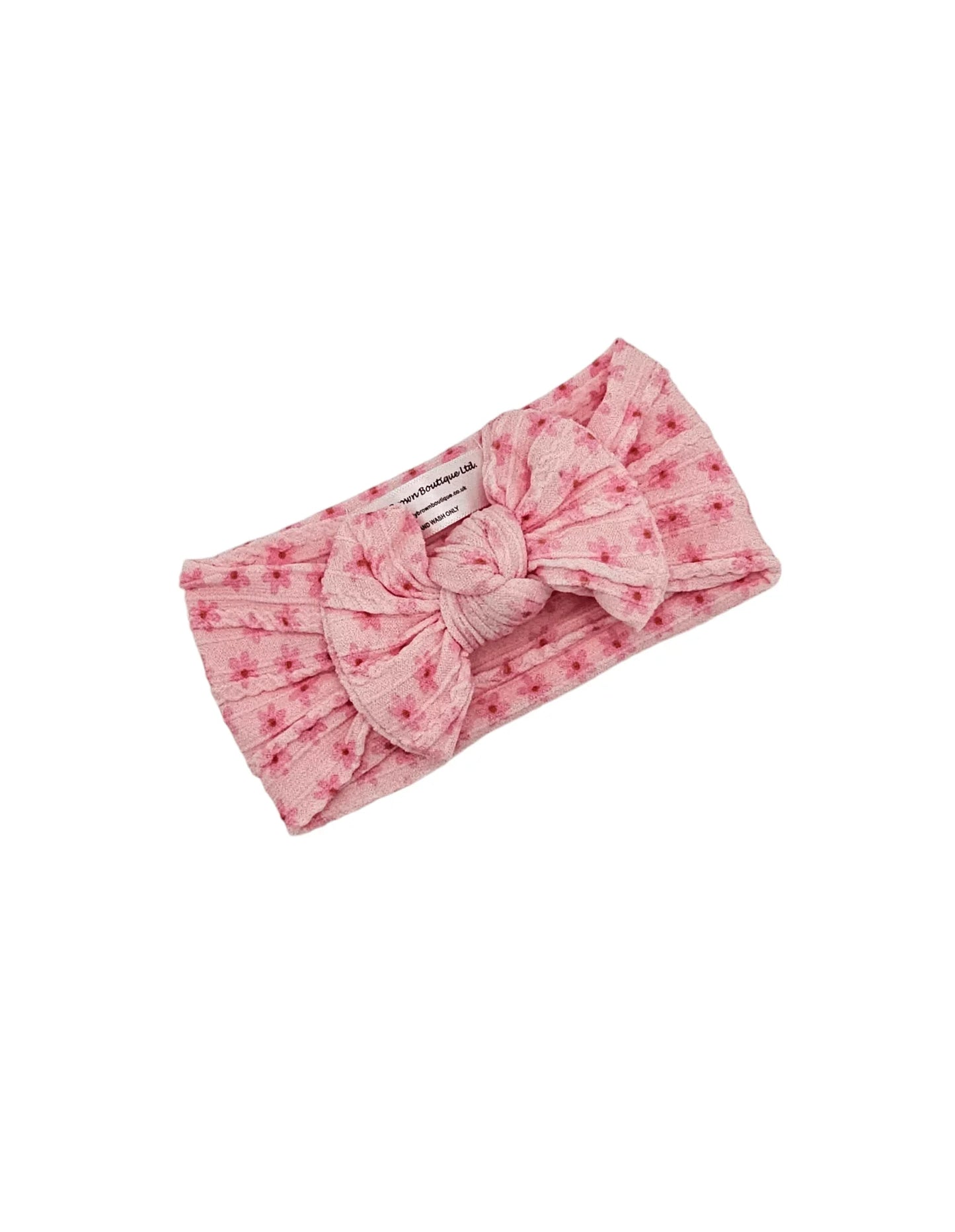 Pink Boho Daisy Print Smaller Bow Cable Knit Headwrap - Betty Brown Boutique Ltd