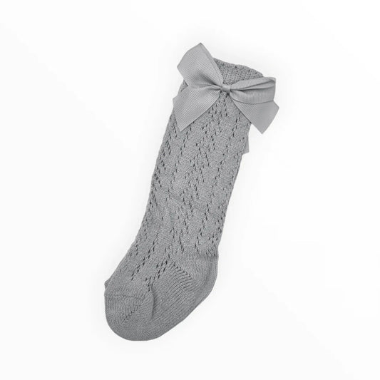 Grey Open Patterned Knee High Socks With 3 Inch Bow - Betty Brown Boutique Ltd