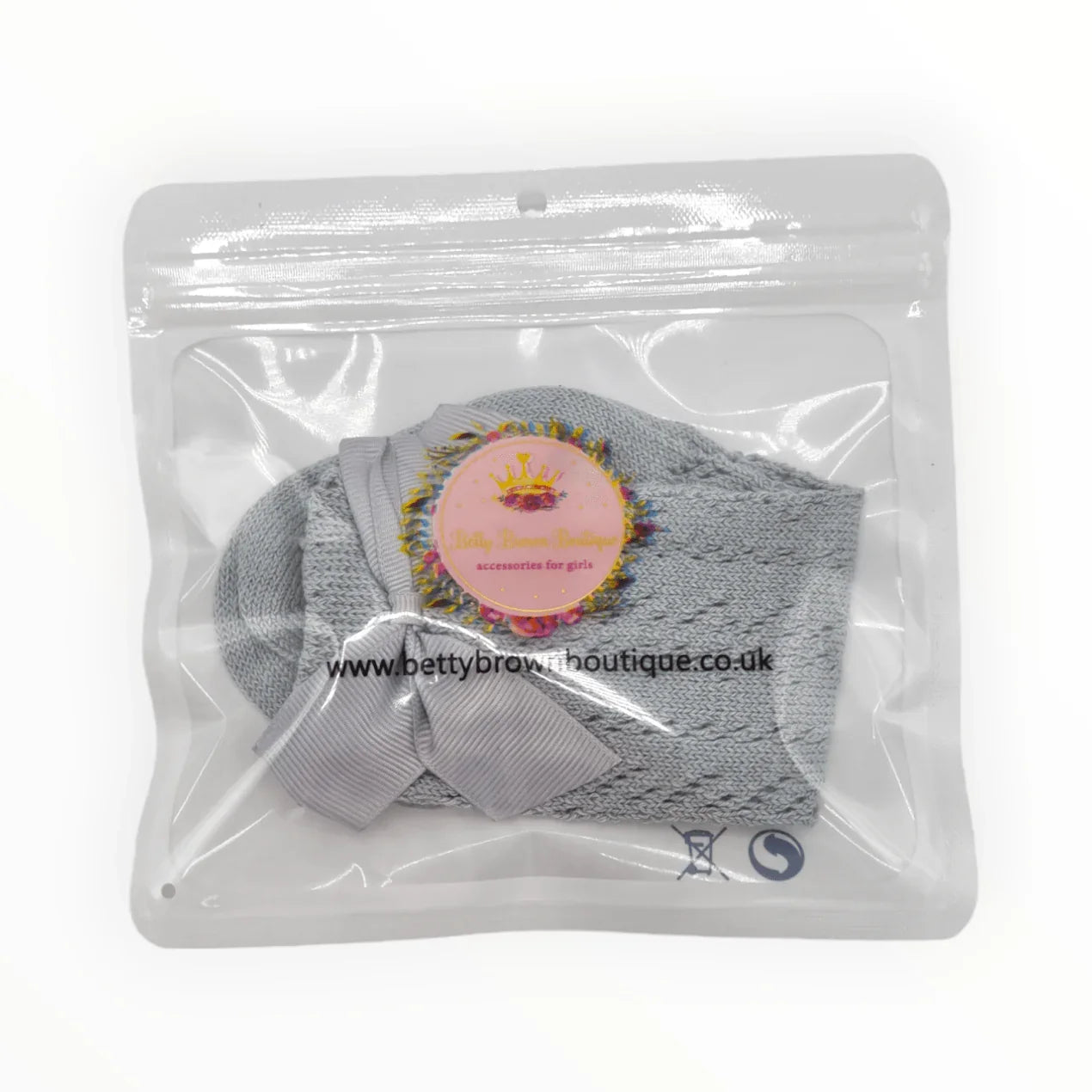 Grey Open Patterned Knee High Socks With 3 Inch Bow - Betty Brown Boutique Ltd