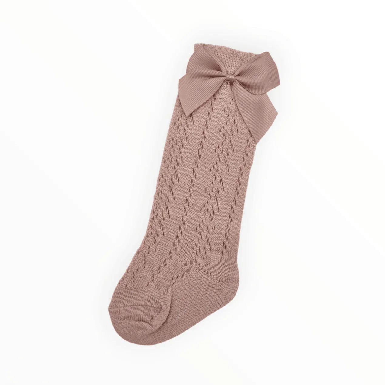 Primrose Pink Open Patterned Knee High Socks With 3 Inch Bow - Betty Brown Boutique Ltd