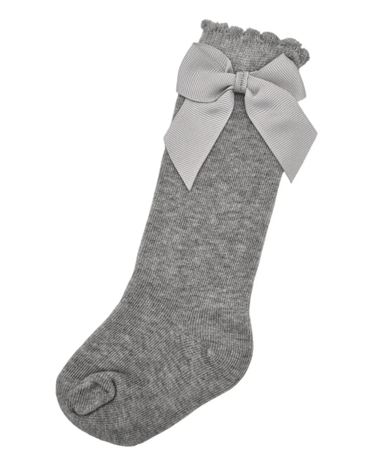 Grey Knee High Socks With 3 Inch Bow - Betty Brown Boutique Ltd