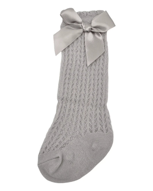 Grey Open Patterned Knee High Socks With 3 Inch Bow - Betty Brown Boutique Ltd