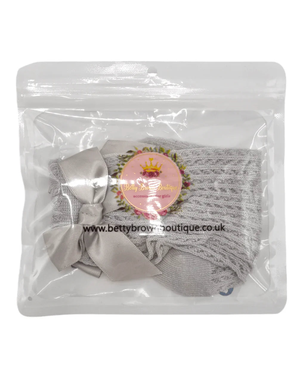 Grey Open Patterned Knee High Socks With 3 Inch Bow - Betty Brown Boutique Ltd