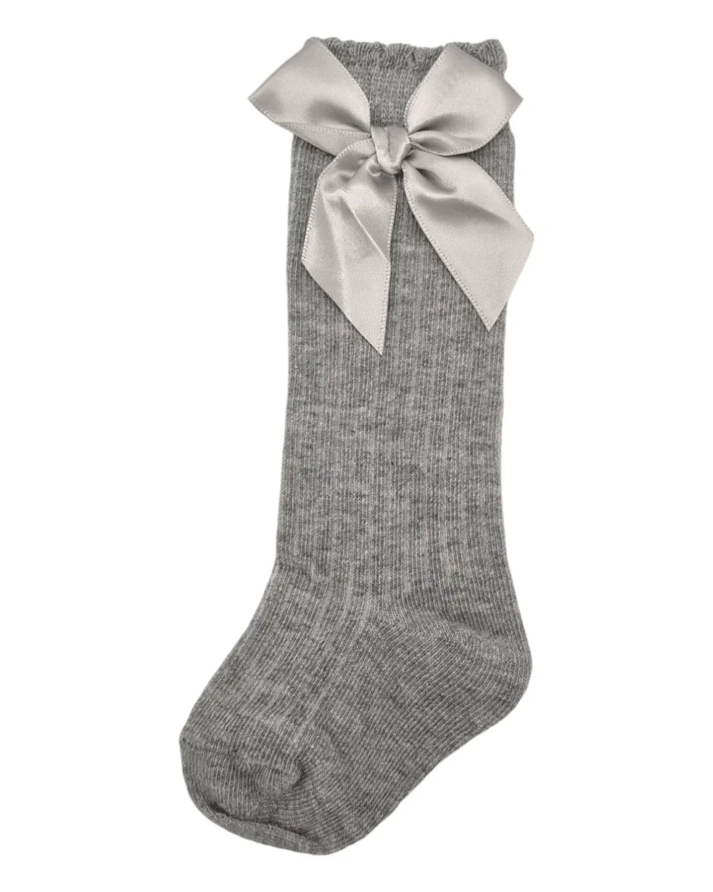 Grey Ribbed Knee High Socks With Satin 3 Inch Bow - Betty Brown Boutique Ltd