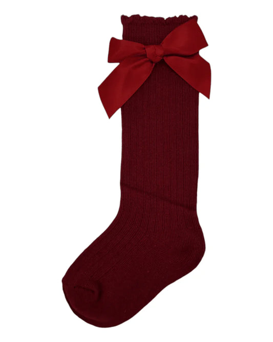 Red Ribbed Knee High Socks With 3 Inch Bow - Betty Brown Boutique Ltd