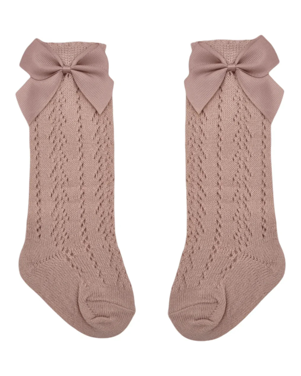 Primrose Pink Open Patterned Knee High Socks With 3 Inch Bow - Betty Brown Boutique Ltd