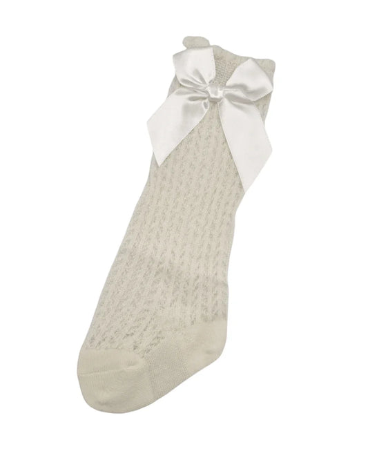 Ivory Open Patterned Knee High Socks With Satin 3 Inch Bow - Betty Brown Boutique Ltd