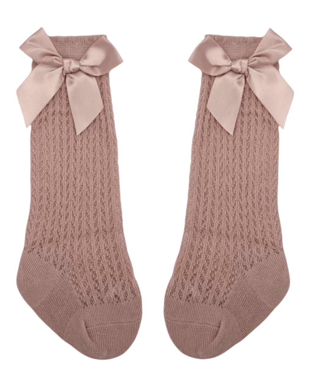 Primrose Pink Open Patterned Knee High Socks With Satin 3 Inch Bow - Betty Brown Boutique Ltd
