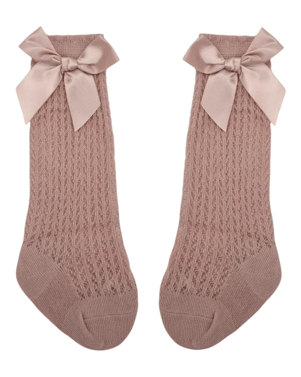 Primrose Pink Open Patterned Knee High Socks With Satin 3 Inch Bow - Betty Brown Boutique Ltd
