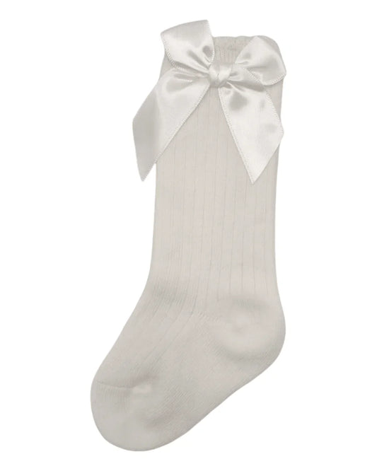 Ivory Ribbed Knee High Socks With Satin 3 Inch Bow - Betty Brown Boutique Ltd
