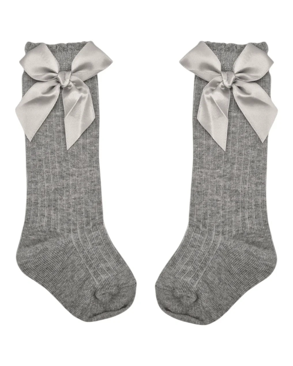 Grey Ribbed Knee High Socks With Satin 3 Inch Bow - Betty Brown Boutique Ltd
