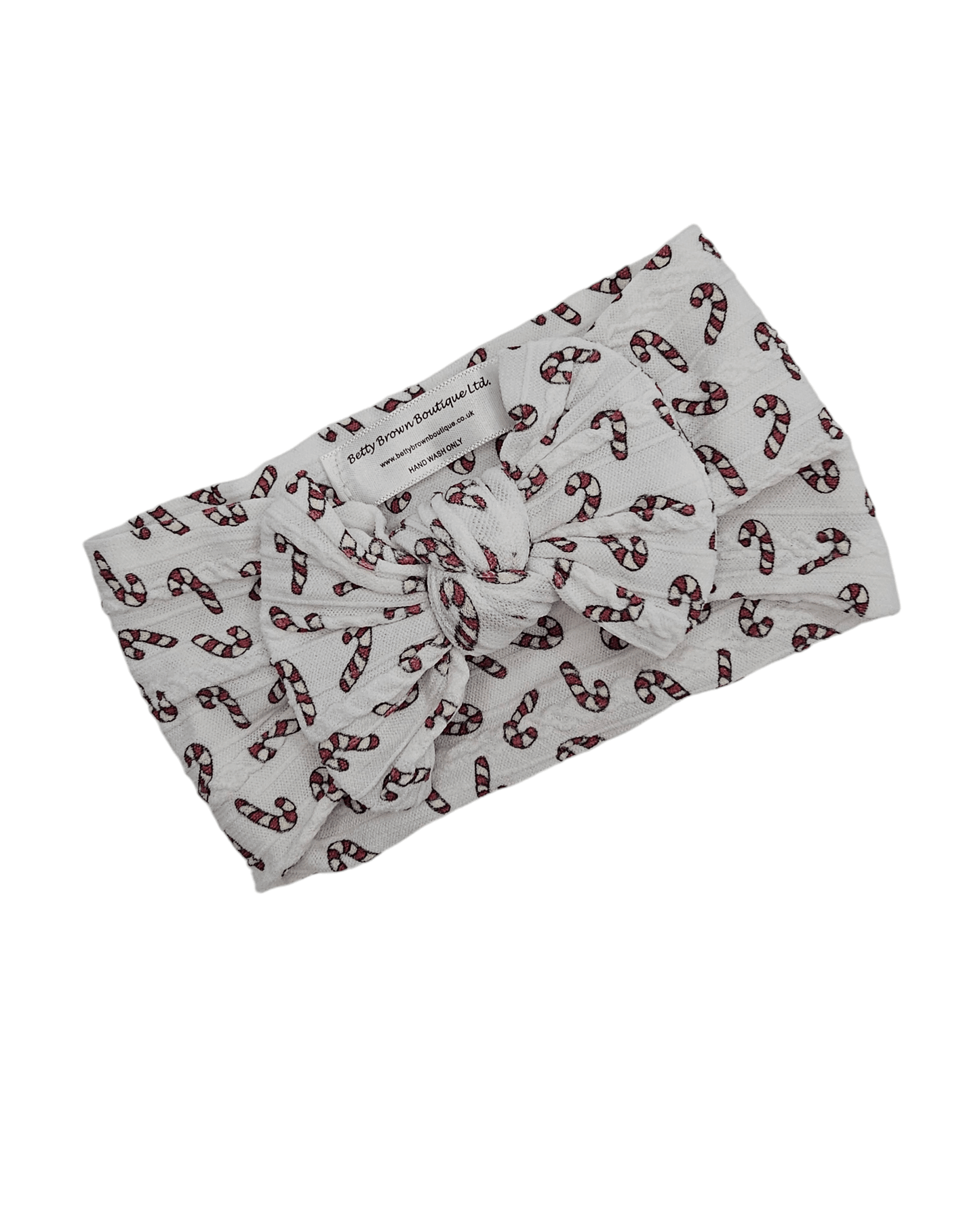 White Candy Cane Christmas Smaller Bow Cable Knit Headwrap - Betty Brown Boutique Ltd
