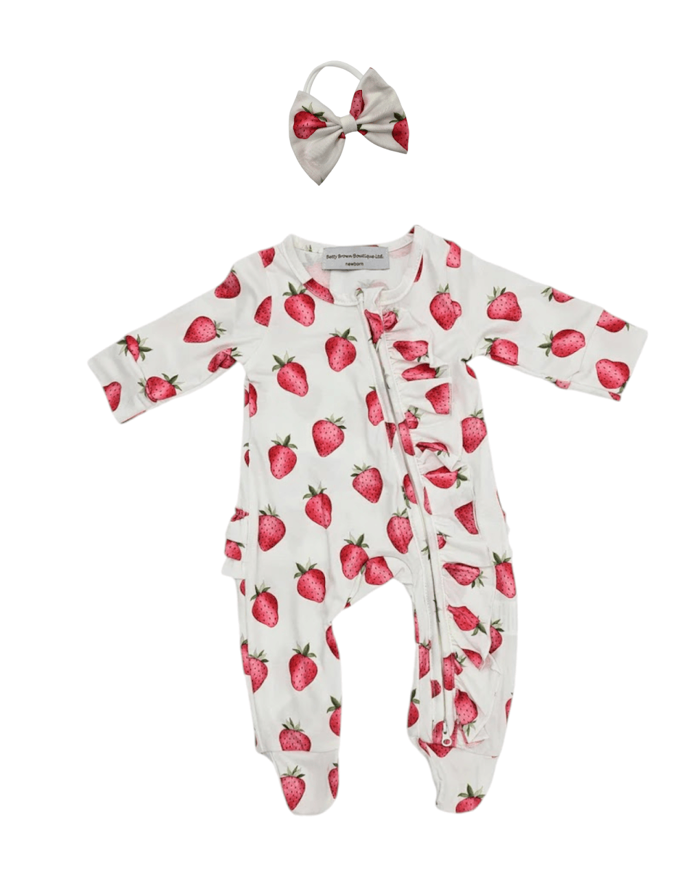 White Strawberry Frill Detailed Sleepsuit + 3.5 inch White Strawberry Bow Headband set - Betty Brown Boutique Ltd