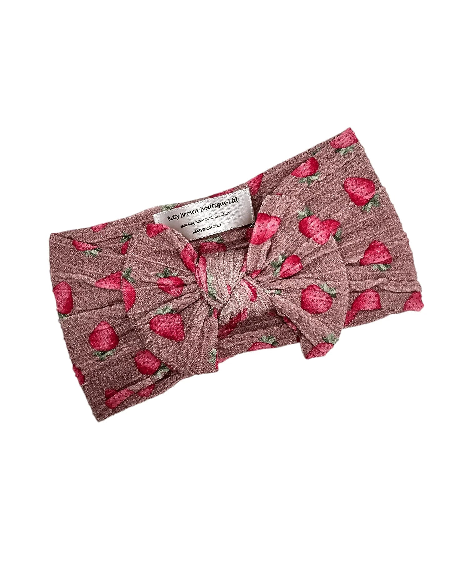 Dusty Pink Strawberry Print Smaller Bow Cable Knit Headwrap - Betty Brown Boutique Ltd