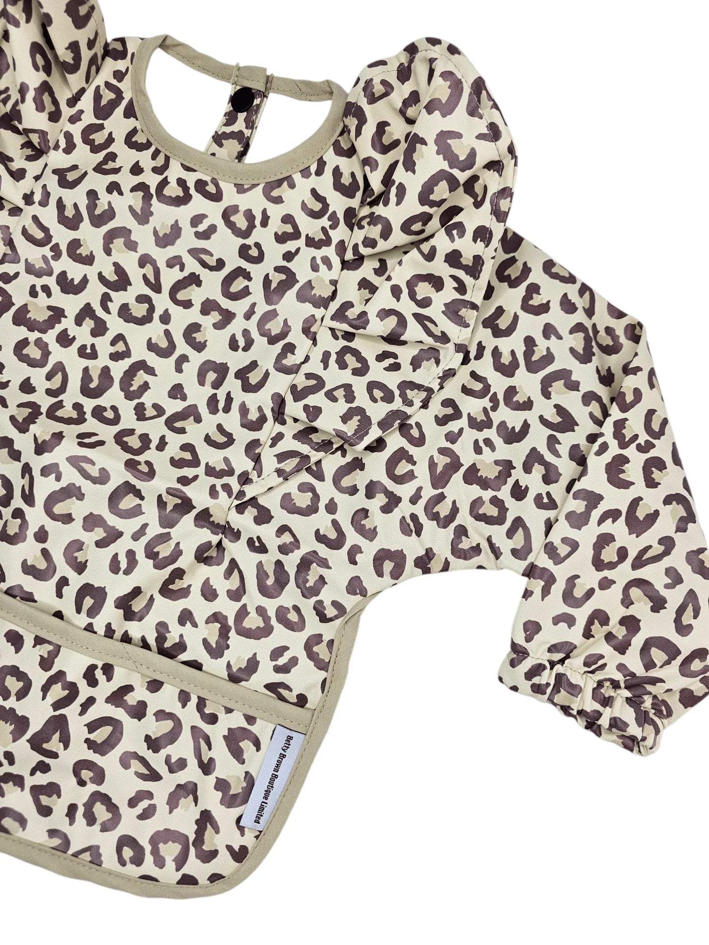 Leopard Print Frill Detailed Waterproof Bib with Sleeves - Betty Brown Boutique Ltd
