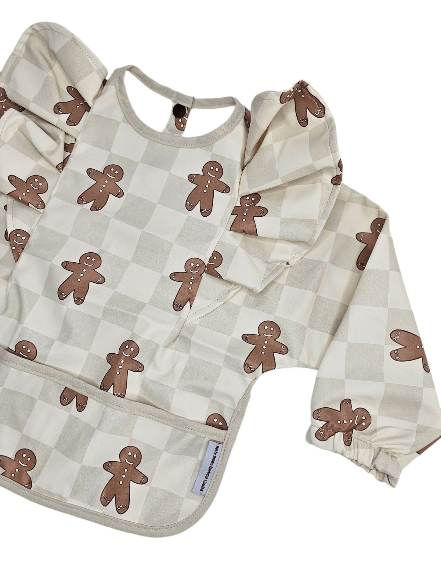 Gingham Gingerbread Man Christmas Print Frill Detailed Waterproof Bib with Sleeves - Betty Brown Boutique Ltd