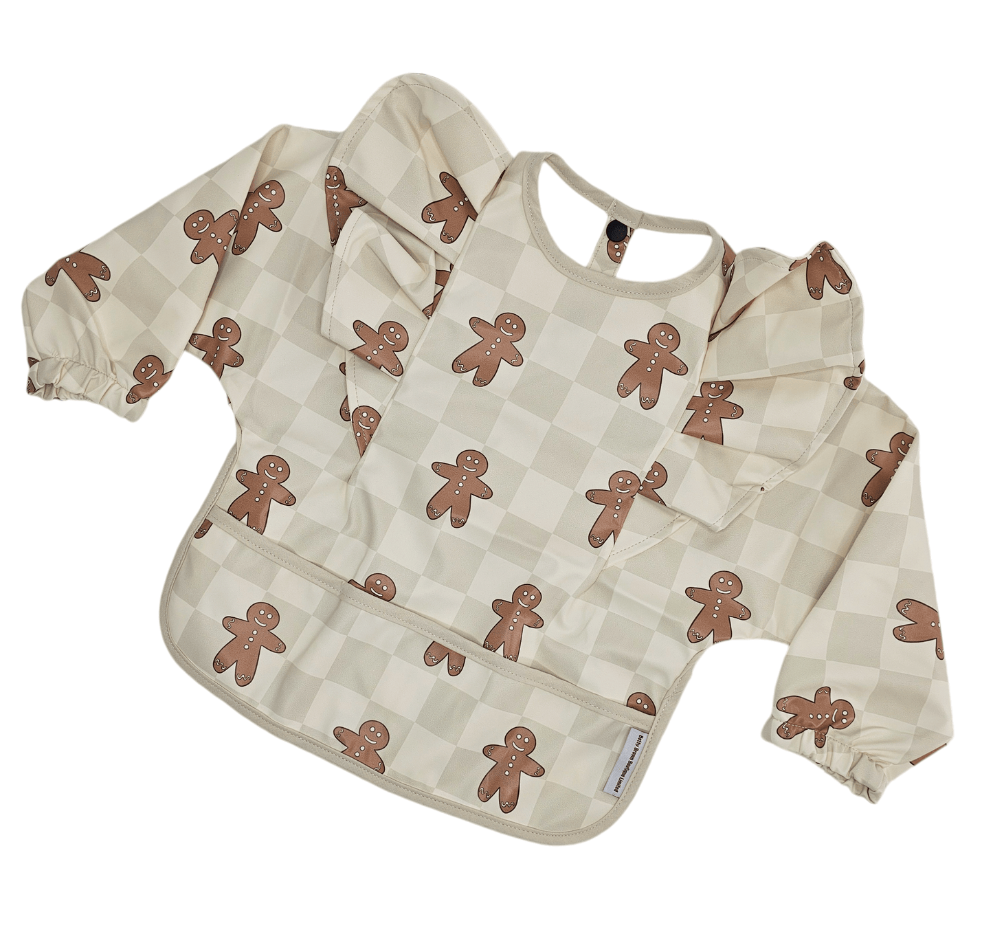 Gingham Gingerbread Man Christmas Print Frill Detailed Waterproof Bib with Sleeves - Betty Brown Boutique Ltd
