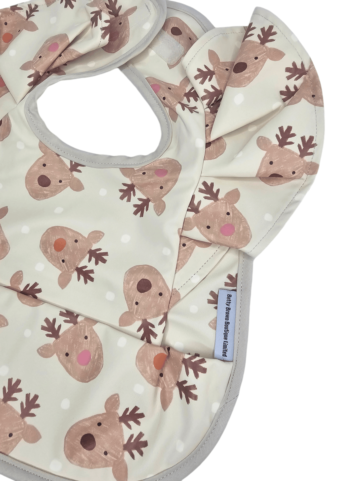 Reindeer Christmas Print Frill Detailed Waterproof Bib - Betty Brown Boutique Ltd