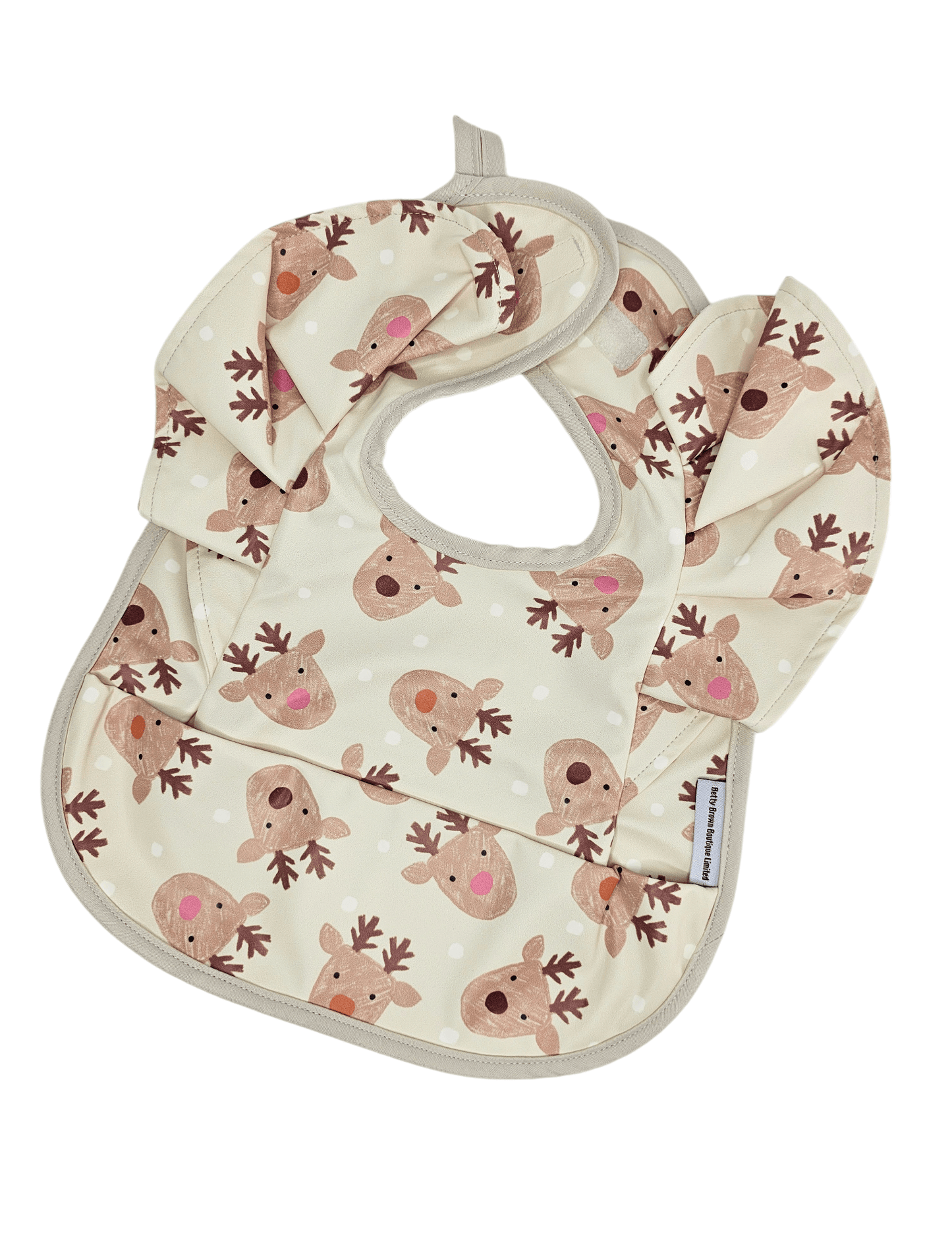 Reindeer Christmas Print Frill Detailed Waterproof Bib - Betty Brown Boutique Ltd