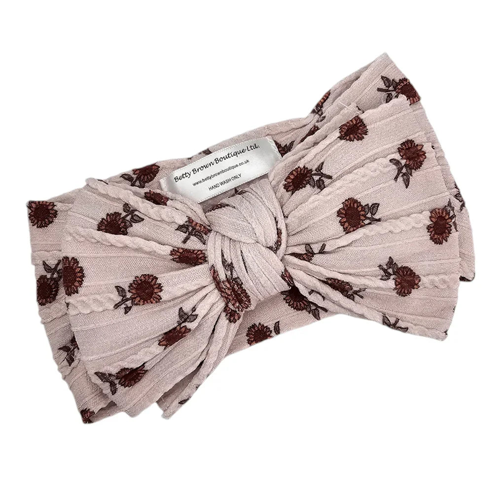 Sunflower Print Larger Bow Cable Knit Headwrap - Betty Brown Boutique Ltd