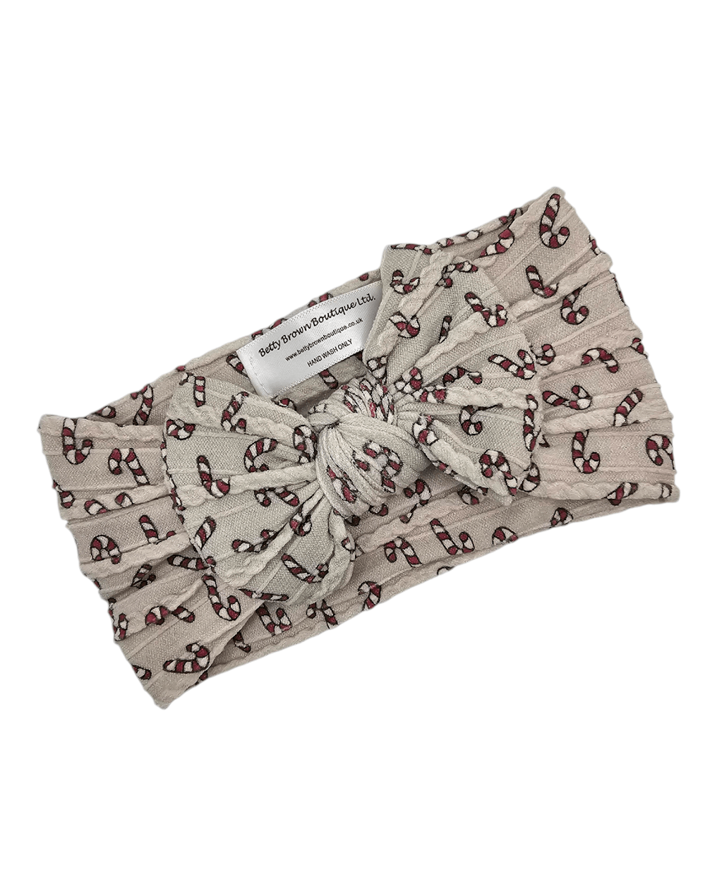 Neutral Candy Cane Christmas Smaller Bow Cable Knit Headwrap - Betty Brown Boutique Ltd