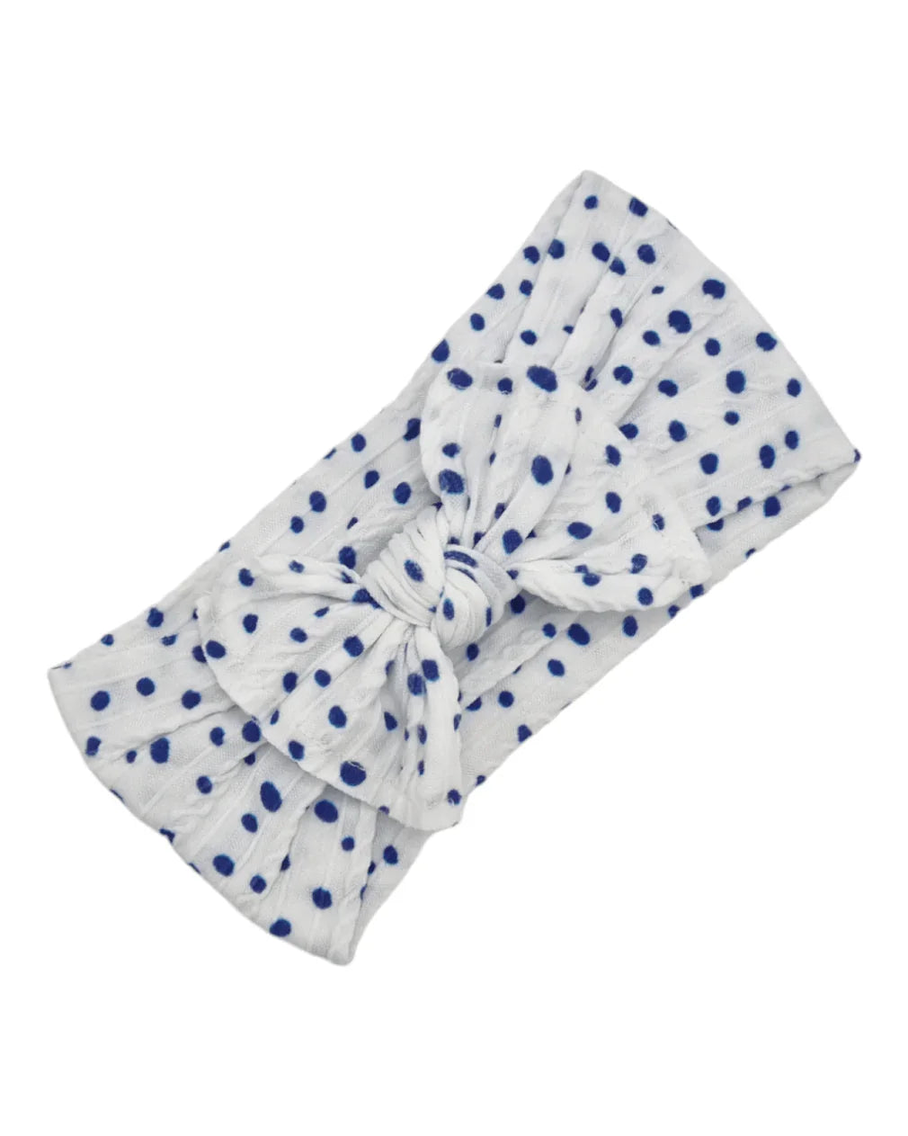 Adult Size - Navy Blue and White Dalmatian Print Cable Knit Bow Headwrap - Betty Brown Boutique Ltd