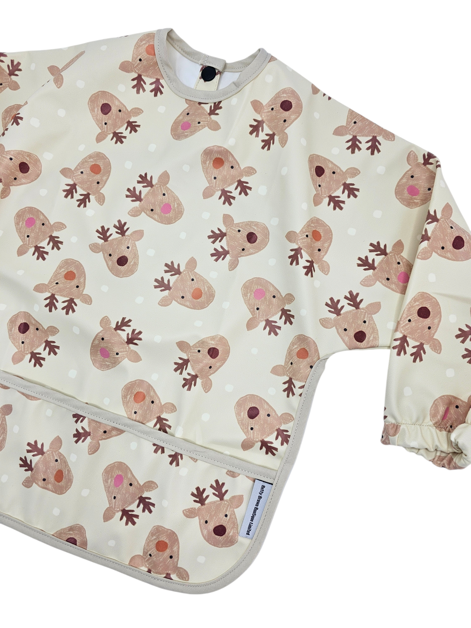 Reindeer Christmas Print Waterproof Bib with Sleeves - Betty Brown Boutique Ltd